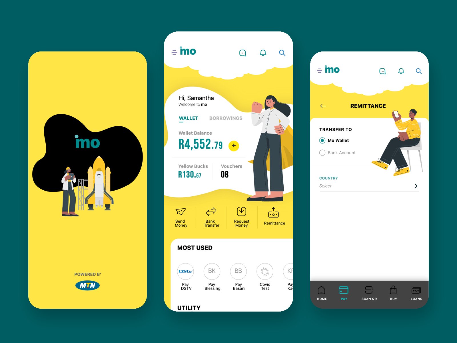 MTN mo splash, wallet and remittance screens